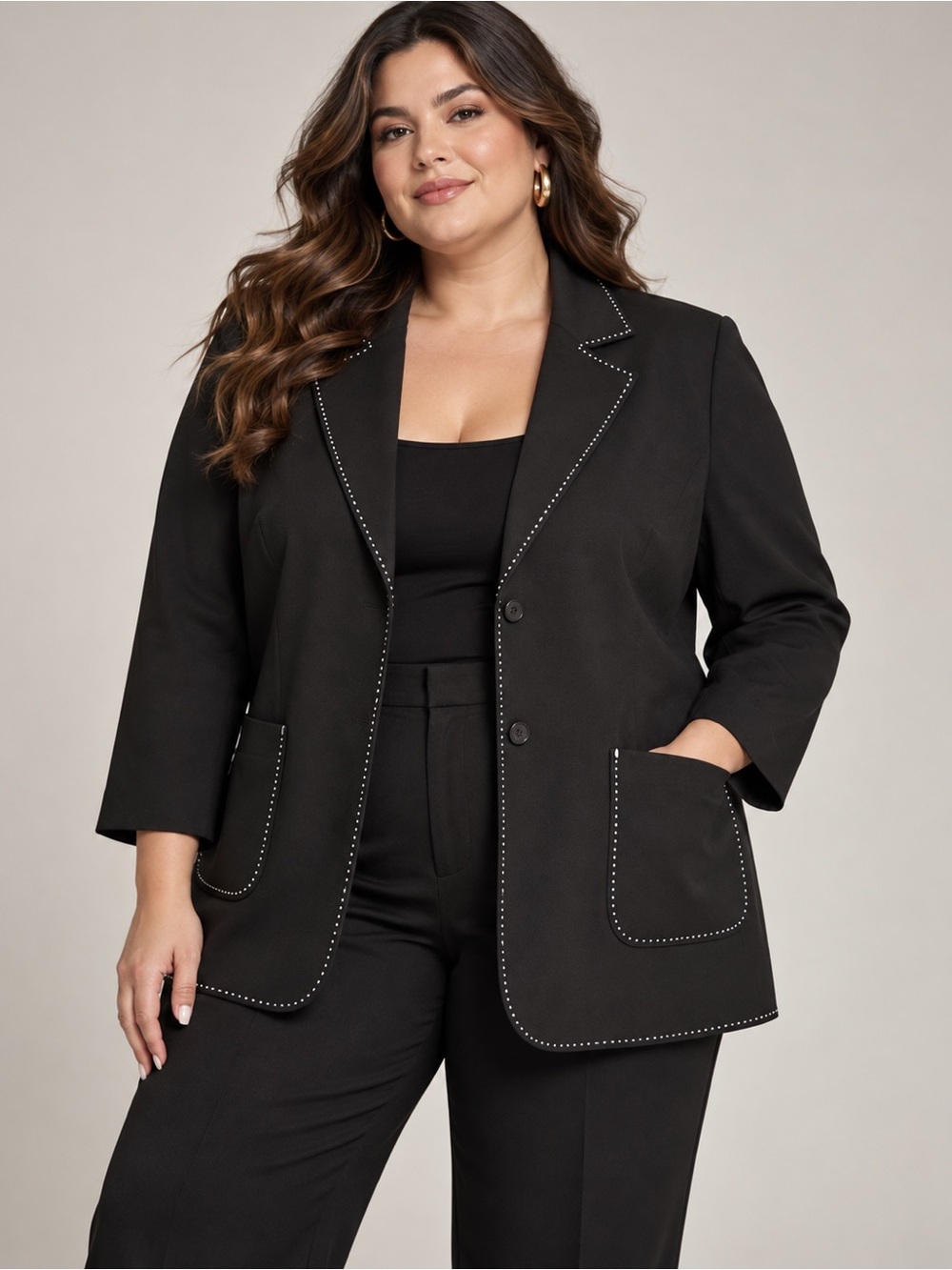 Black Contrast Stitch Blazer Plus Size 18W Addition-Elle Tailored Jacket